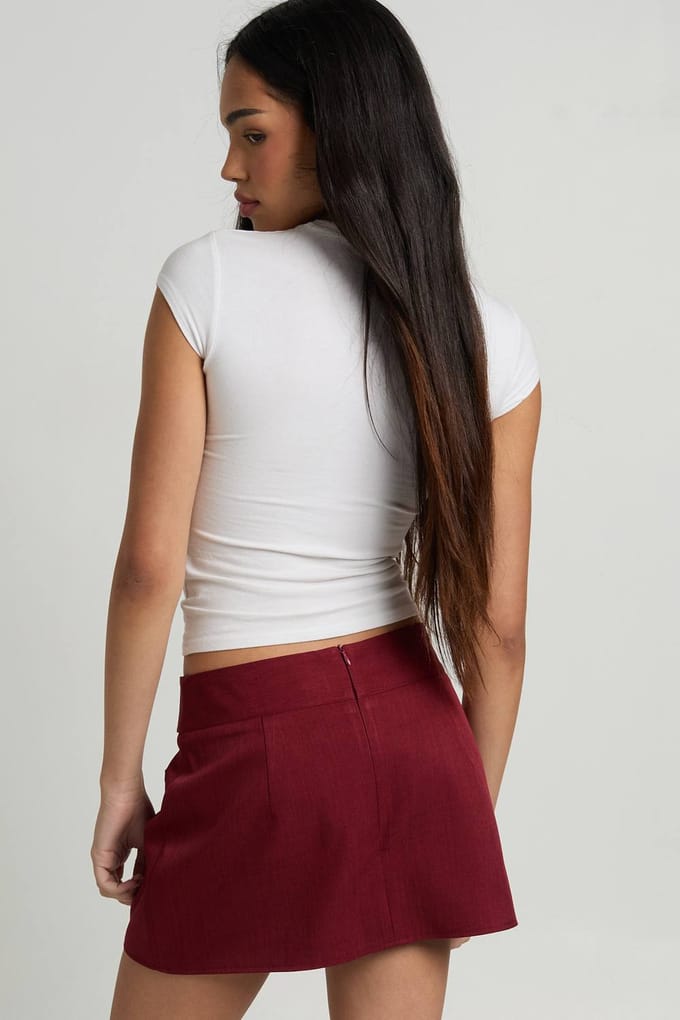 boohoo Dames Geweven Gemêleerde Skort met Knoopdetail | Wine | Maat: 16