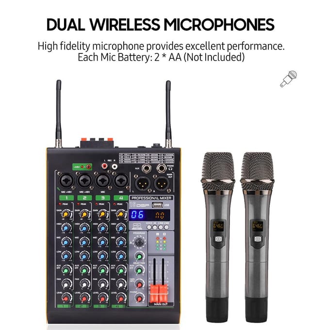 Professionele 4-kanaals BT-audiomixer met 2 draadloze microfoons LED digitale mengconsole US Plug zwart
