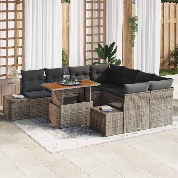 vidaXL Tuin Eettafel Set met kussen 9 pcs Grijs en Bruin