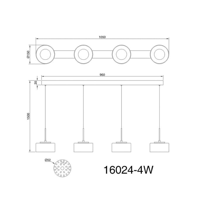 Globo Belinda LED hanglamp, lengte 105 cm, wit, 4-lamps, glas