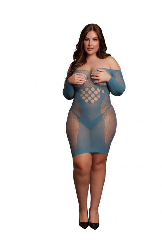 Le Desir - Mini jurk van netstof met lange mouwen - Blauw Plus Size