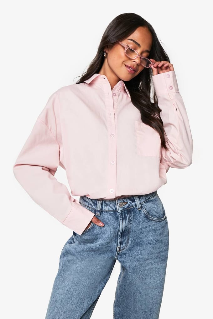 boohoo Dames Oversized katoenen popeline overhemd | Baby Pink | Maat: 8