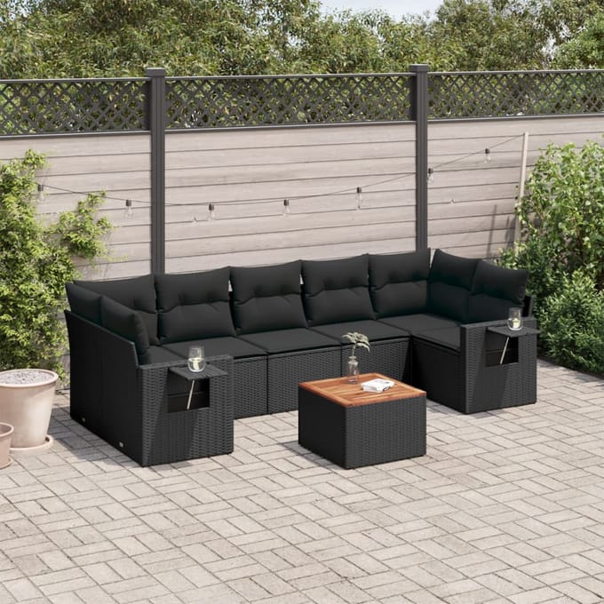 vidaXL - 8-delige - Loungeset - met - kussens - poly - rattan - zwart