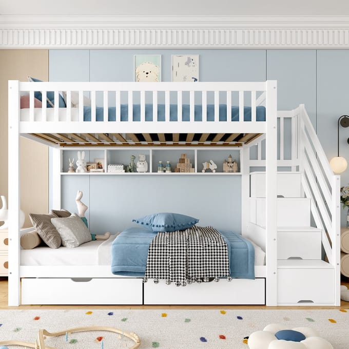 Sweiko Stapelbed - 90 x 200 cm - met 2 Lades - Boekenrek + Kledingkast - Wit