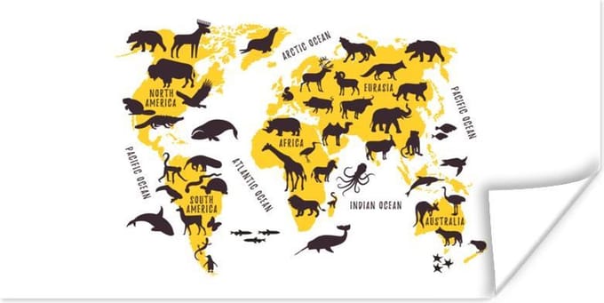 Wereldkaarten - Wereldkaart - Geel - Dieren - 160x80 cm