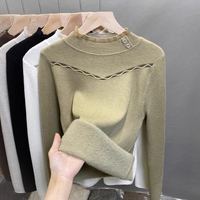 Eendelig fluwelen trui met hoge hals voor dames, fluwelen basis, winterse gebreide trui met kant, binnenlaag XL beige
