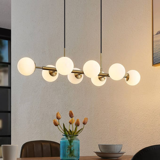 Lindby - hanglamp - 8lichts - Staal, glas - H: 10 cm - G9 - mat messing, opaalwit