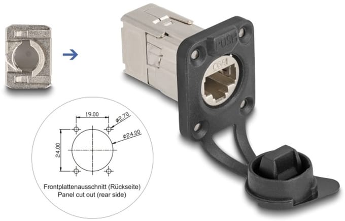 Delock D-Type RJ45 built-in connector with LSA connection Cat.6A STP with protective cap IP66 dust and waterproof