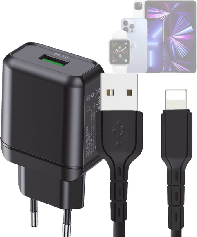 Oplader geschikt voor iPhone 14/13/12/11/X - Lightning - 1 Meter - Zwart