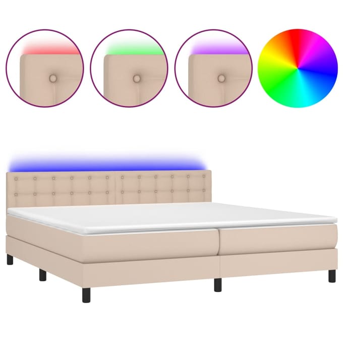 vidaXL - Boxspring - met - matras - en - LED - kunstleer - cappuccinokleur - 200x200cm