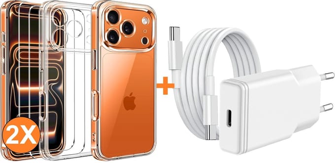 USB C Adapter - USB C Oplader 20W Met USB C Kabel 1M - Hoesje Geschikt voor iPhone 17 Pro Max transparant Anti Shock silicone met 2x screenprotector- Ntech COMBI-SET