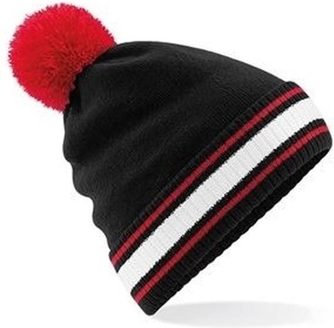 Zwart/rood met witte beanie muts met pompon voor dames