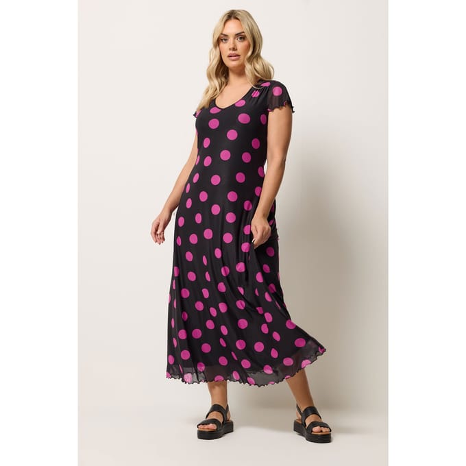 Yours Zwarte En Roze Mesh Maxijurk Met Stippen Size 42