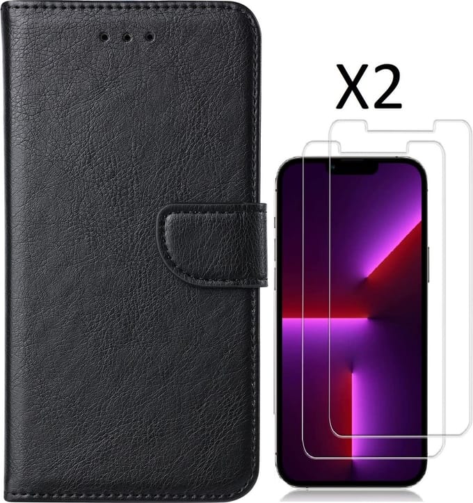 Hoesje Geschikt voor iPhone 14 Plus bookcase met 2 stuks screenprotector tempered glass – Zwart