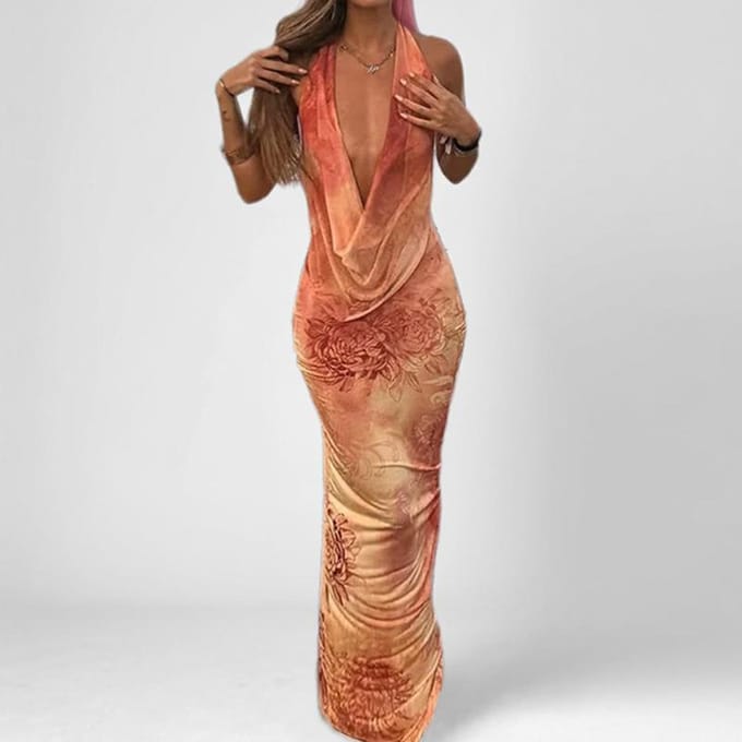 Nieuwe Dames Bedrukte Nek Halter Temperament Elegant Heupomsluitende Nek Slanke Jurk 3XL brown