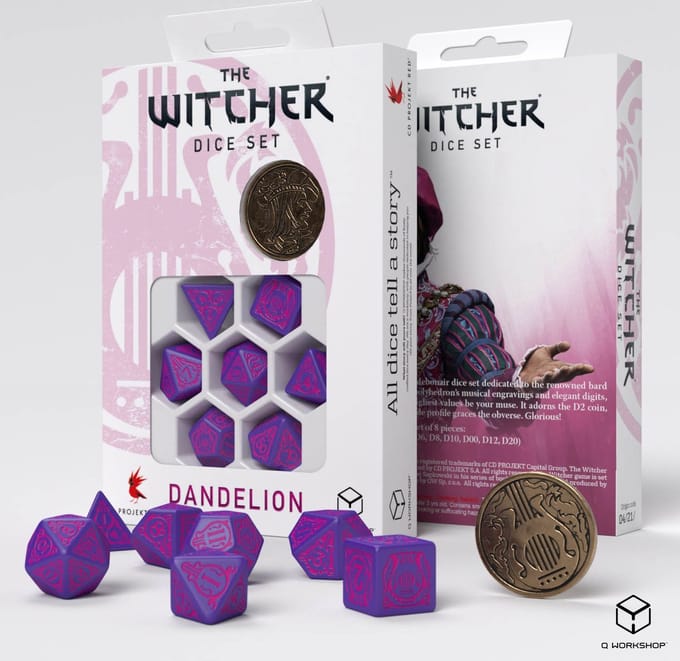 Q-Workshop The Witcher Dice Set - Dandelion - The Conqueror of Hearts (7 pcs + coin)