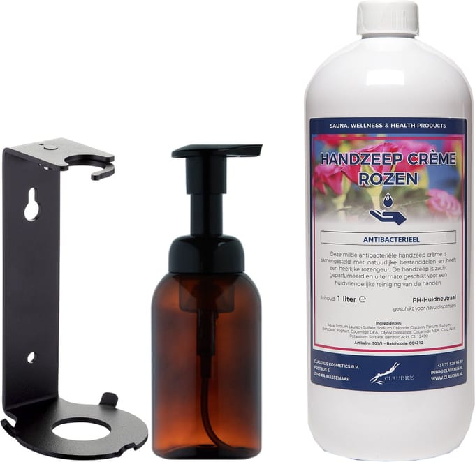 Zeepdispenser 300 ml amber bruin hervulbaar + 1 liter Handzeep Crème Rozen navulling (inclusief beugel)