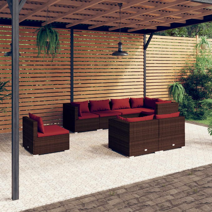 vidaXL - 8-delige - Loungeset - met - kussens - poly - rattan - bruin