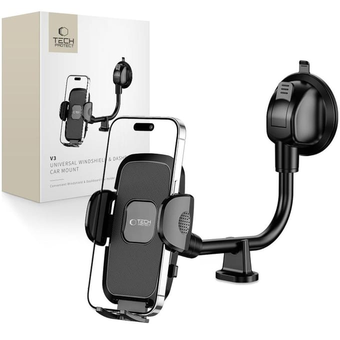 Support de voiture Tech-Protect V3 à bras long universel pour pare-brise et tableau de bord Noir