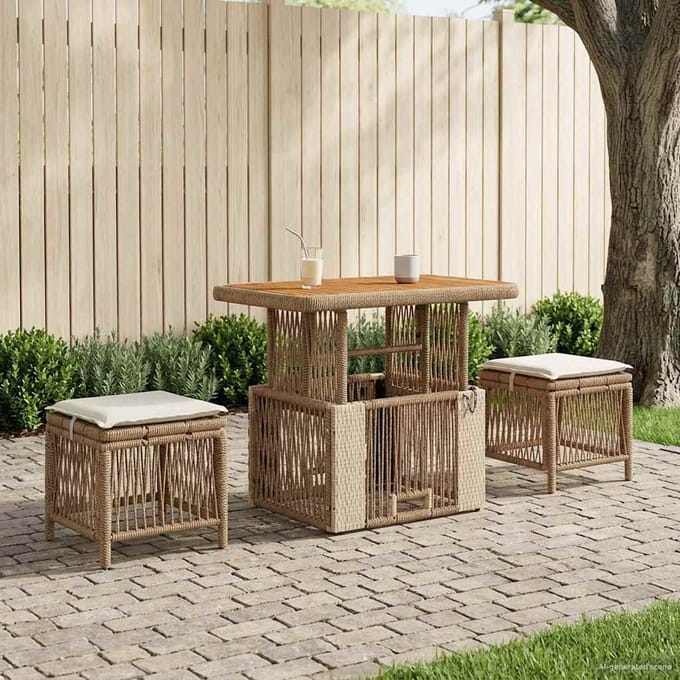 vidaXL - Tuin - Eettafel - Set - 3 - st - Beige - en - Crème - poly - rattan