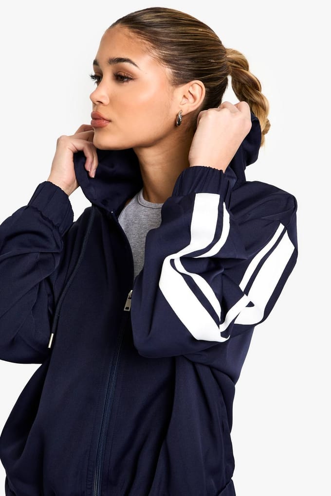 boohoo Dames Side Stripe Woven Zip Through Tracksuit Top | Marineblauw | Maat: 36