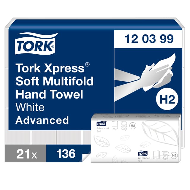 Tork 120399 H2 Xpress Multifold handdoeken Advanced 2-laags wit 21,2x34cm 2856 stuks (120399)