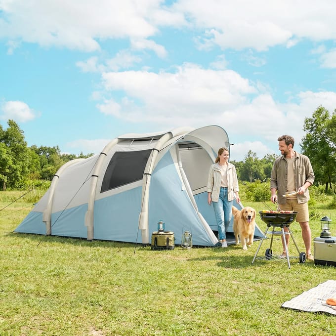 Outsunny Opblaasbare Kampeertent met Pomp 2 Kamers Ramen Lichtblauw Blauw