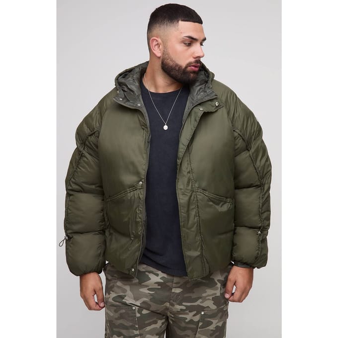 Plus Oversized Fit Ruched Sleeve Panelled Puffer Jacket | Khaki | Size 2XL