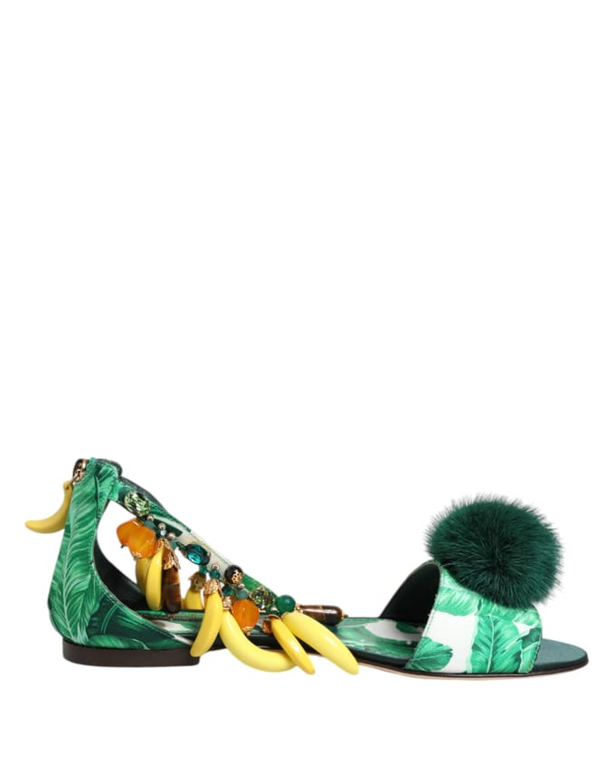 Dolce & Gabbana Groene Bont Satijnen Bananenblad Sandalen Schoenen