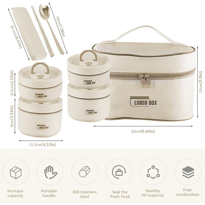 4 Stuks Thermische Maaltijdbox Draagbare Lekdichte Maaltijdcontainer Set Grote Capaciteit Snackbox met Tas Lepel Eetstokjes Thermische Voedselbox beige