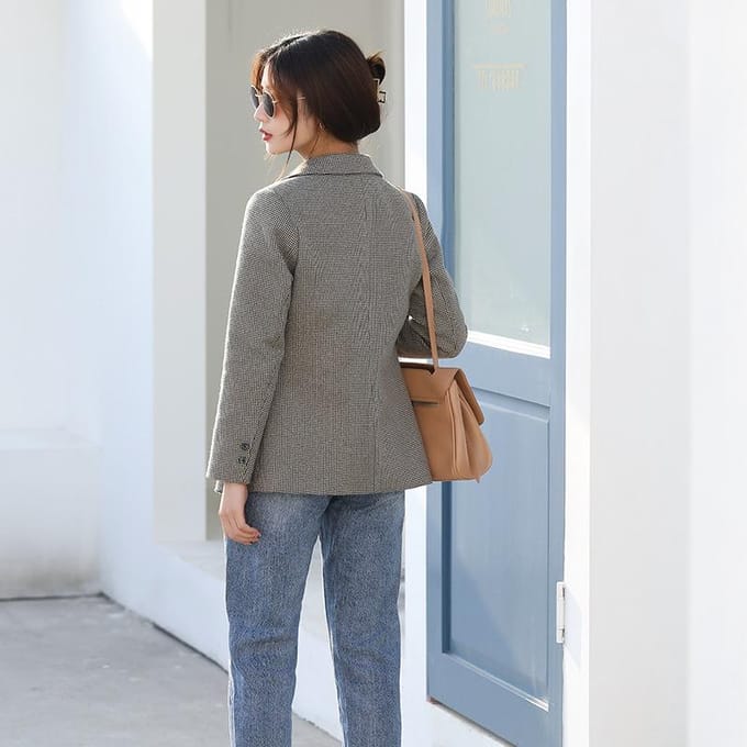 Herfst Dames Slim Langmouw Klein Pak Nieuwe Top Retro Wollen Ruitjes Blazer 2XL gray