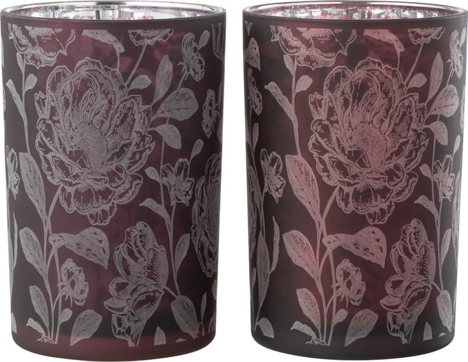 J-Line windlicht Bloemen - glas - paars/zilver - large - 2 stuks