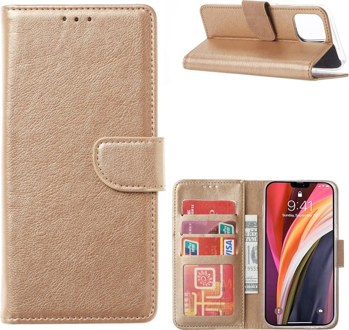 Cityhoesje - iPhone 14 Plus-15 Plus - Bookcase incl. Pasjeshouder - Goud