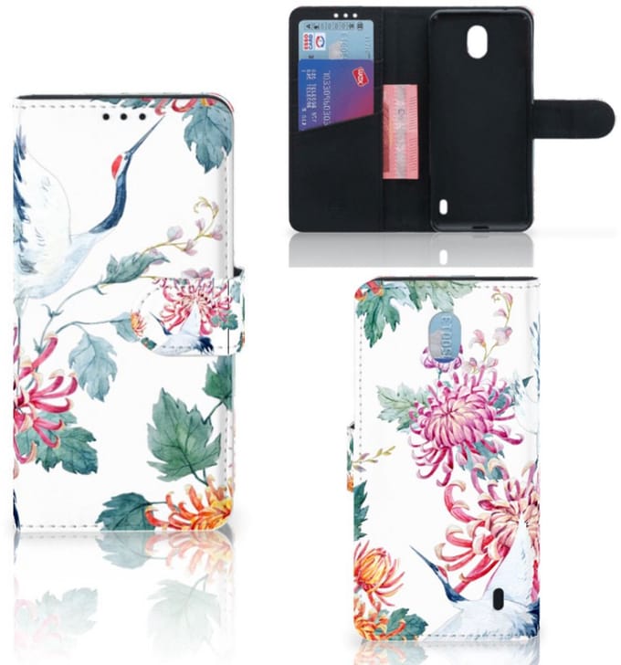 Nokia 1 Plus Telefoonhoesje met Pasjes Bird Flowers