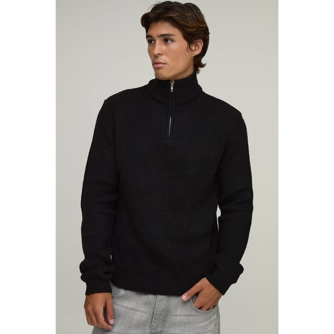 Regular Fit 1/4 Rits Geribbelde Gebreide Trui | Black | Size Medium