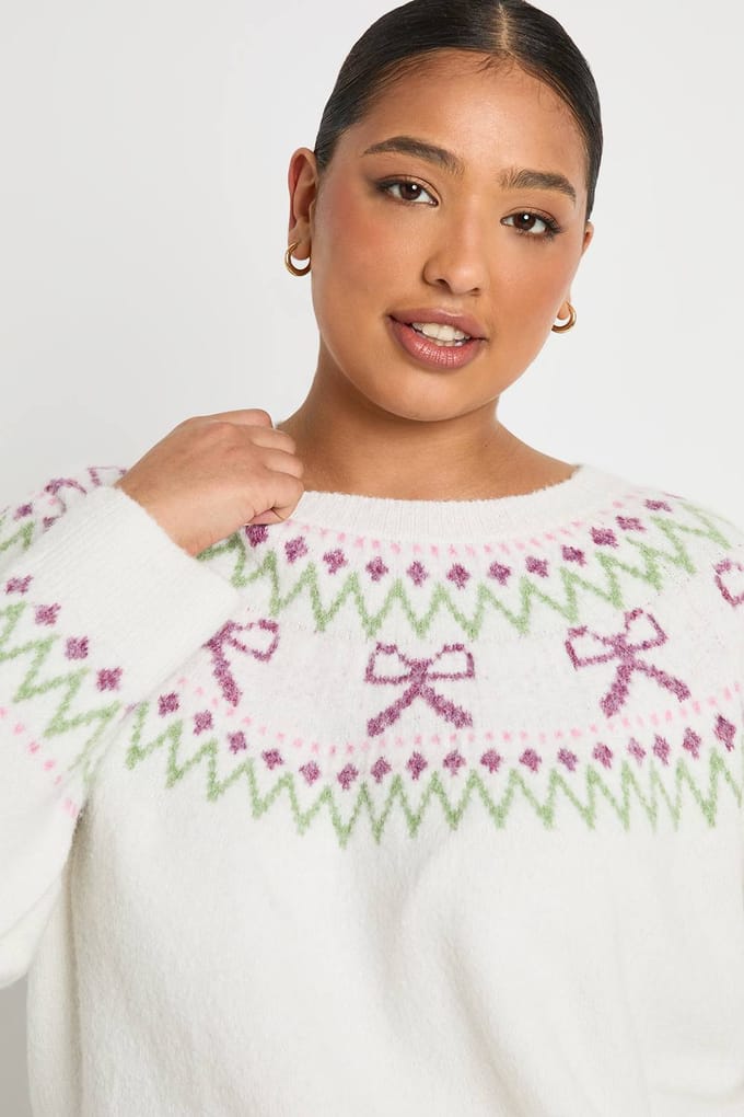 boohoo Dames Plus Bow Fairisle trui | Ivory | Maat: 16-18