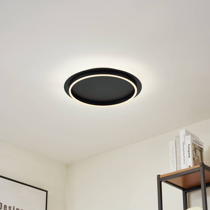 Lindby LED plafondlamp Kunis, zwart, kunststof, Ø 46 cm