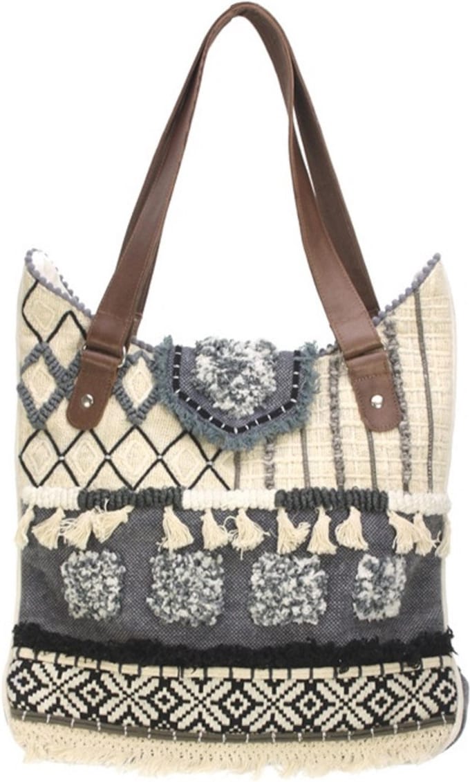 Tas medium Stonewash blue denim leren hengsels 38 x 35 cm