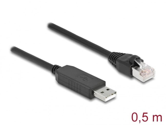 Delock Serial Connection Cable with FTDI chipset, USB 2.0 Type-A male to RS-232 RJ45 male 50 cm black