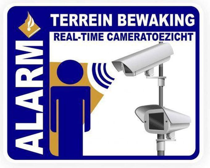 Camera toezicht terrein bewaking. Beveiligingsstickers. 10 stuks wit. ( achterkant plakt. ) 10 cm x 8 cm.