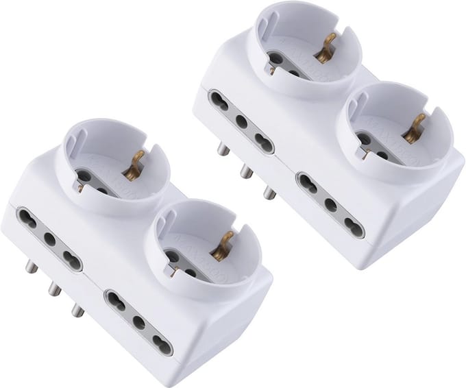 Set van 2 stekkeradapters met 6 stopcontacten - 2 Schuko + 4 tweewaardig, wit