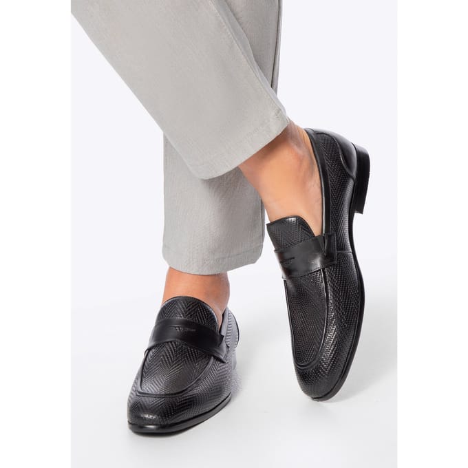 Wittchen - Herringbone Lederen Mocassins - Zwart - Decoratieve Band - Platte Hak