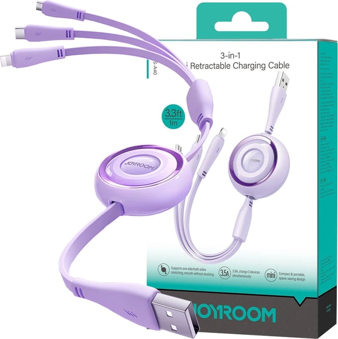 Joyroom Colorful Series S-A40 Cable Retractable 3in1 USB-A - USB-C / Lightning / Micro USB 1m - Purple