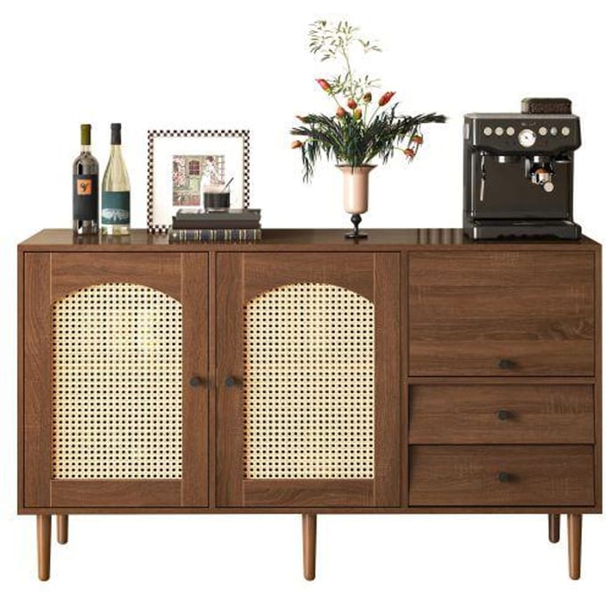 Buffet - MUVOE - 130 x 75,5 x 40 cm - Portes en rotin - Fermeture magnétique - Étagère réglable