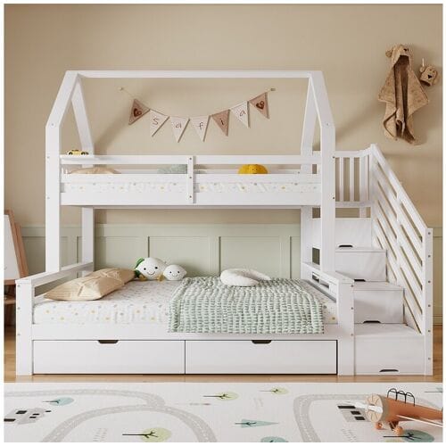 Merax Kinderstapelbed - 90 x 200 + 140 x 200 cm - met 2 lades + trapkast - grenen + MDF + multiplex - wit