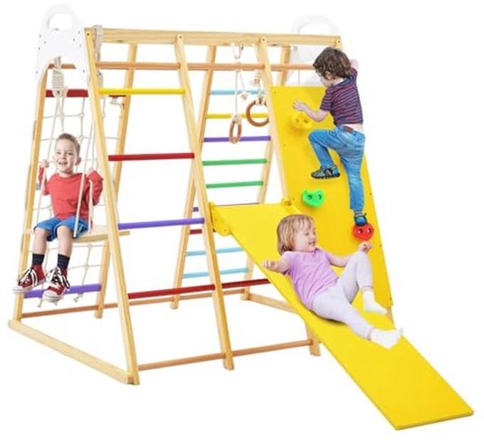Multifunctionele 8-in-1 klimdriehoekset voor binnen met glijbaan, klimladder, schommel en turnringen