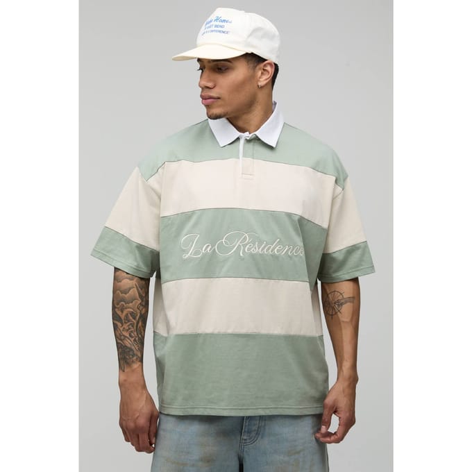 Oversized La Residence Geborduurd Gestreept Rugby Polo | Sage | Size XS