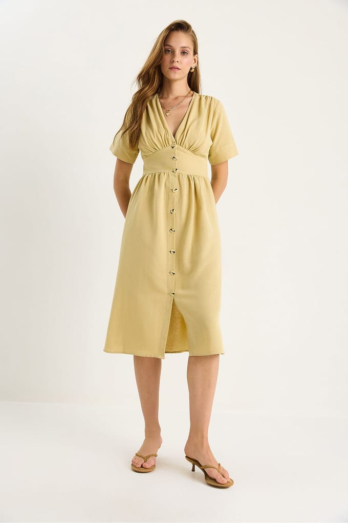 V-hals Knop Midi Shirt Jurk
