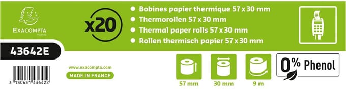 Exacompta 120x Bankterminal rollen 57x30mm - 1 laag thermisch papier 55g/m2 - zonder Phenol - Wit - 43642E