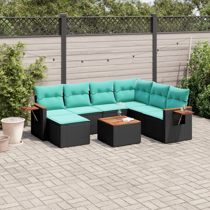 vidaXL - 8-delige - Loungeset - met - kussens - poly - rattan - zwart